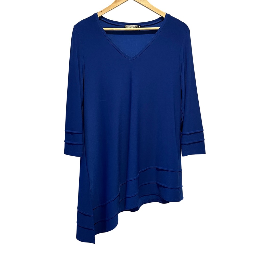 Sympli Tunic Top Womens 14 Blue Asymmetrical Hem 3/4 Sleeve Layered‎ Detail
